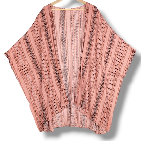 La Miel Kimono Cardigan Swim Cover-up Large Peach Pink Black Boho - Picture 1 of 15
